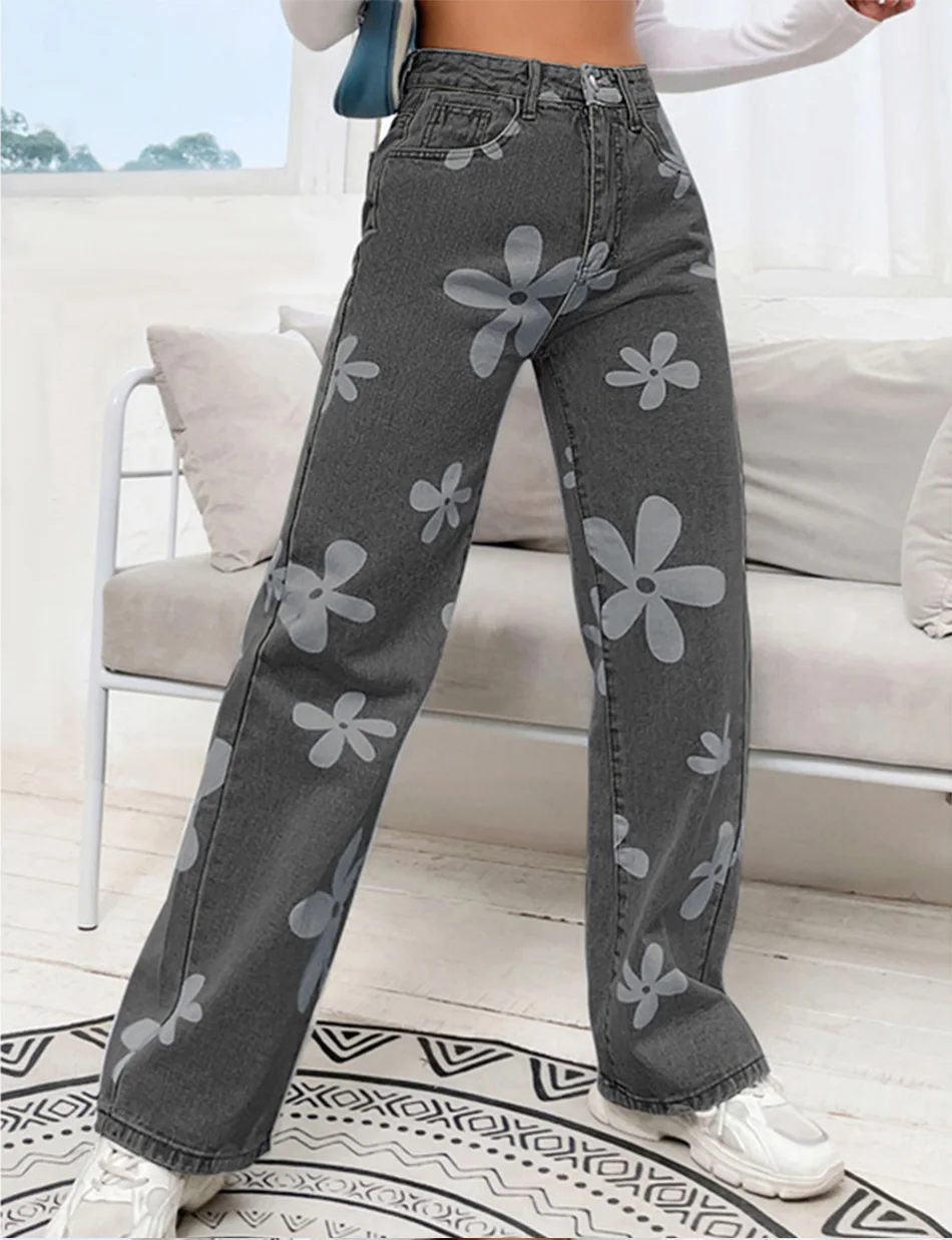 2022 New Summer Vintage Jeans Woman Long Trousers Casual Floral Print Jeans Streetwear Chic Cute Straight Baggy Denim Pants Y2K levis jeans