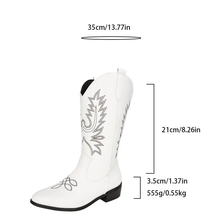 Women Fashion Slip on Knight Boots Ladies Autumn Winter Thick Sole Knight Boots Pointed Toe Square Heel Embroidered Cowboy Boots
