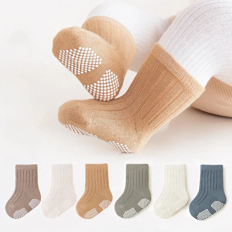 3Pairs Spring Autumn Newborn Baby Glue Anti-slip Solid Floor Socks Cute Cartoon Non-slip Mid-tube Cotton Stockings for Boy Girls cotton socks,kids socks,baby socks,girls socks,cartoon socks