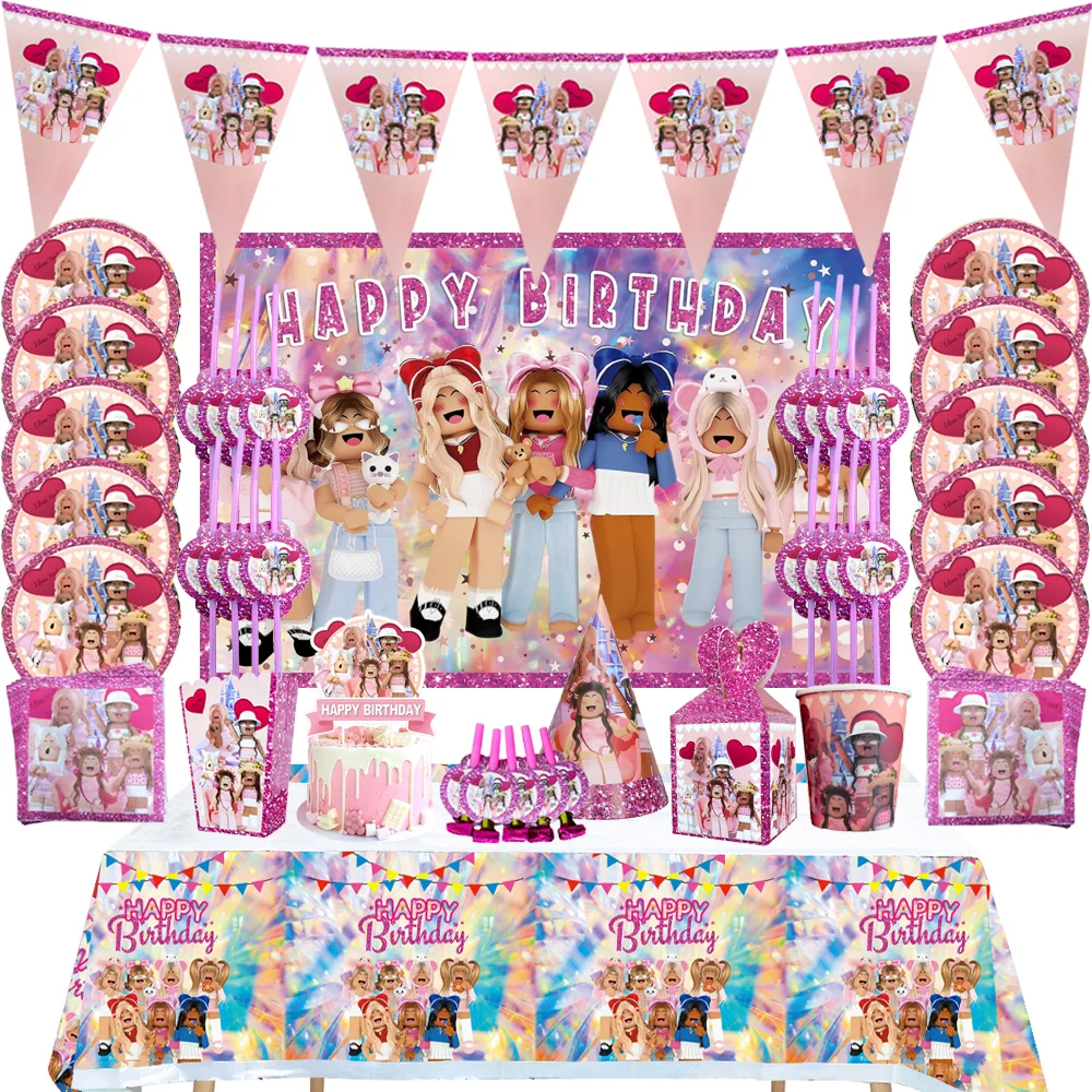 CartoonPinkRobloxBirthdayPartyDecorationsNapkinsPaperCupPlate