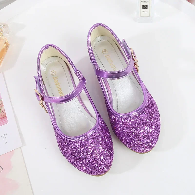 Kids High Heels Girls Purple High Heels For Kids Princess Leather Shoe Footwear Children's Party Wedding Shoes Round Toe 1-3CM
