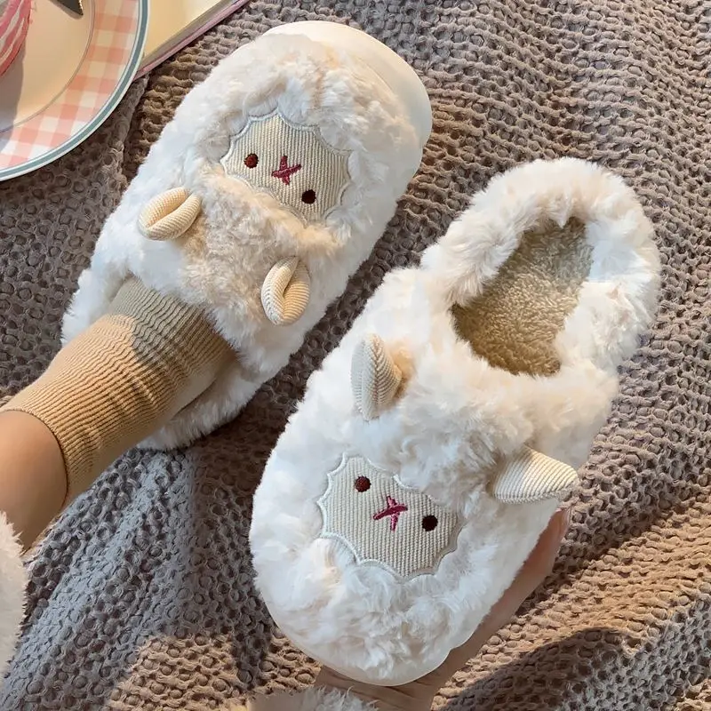 Women Lovely Sheep Fluffy Slippers Men Fashion Animals Non-slip Plush Slides Lovers Soft Warm Cartoon House Shoes For Winter 5