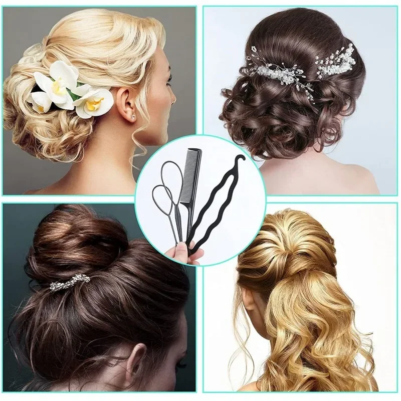 4Pcs Set Hair Disk Pull Hair Pins Clips Comb For Girls Hair Styling Tools Kit Braiding Donut Bun Maker Hairdressing Accessories 3