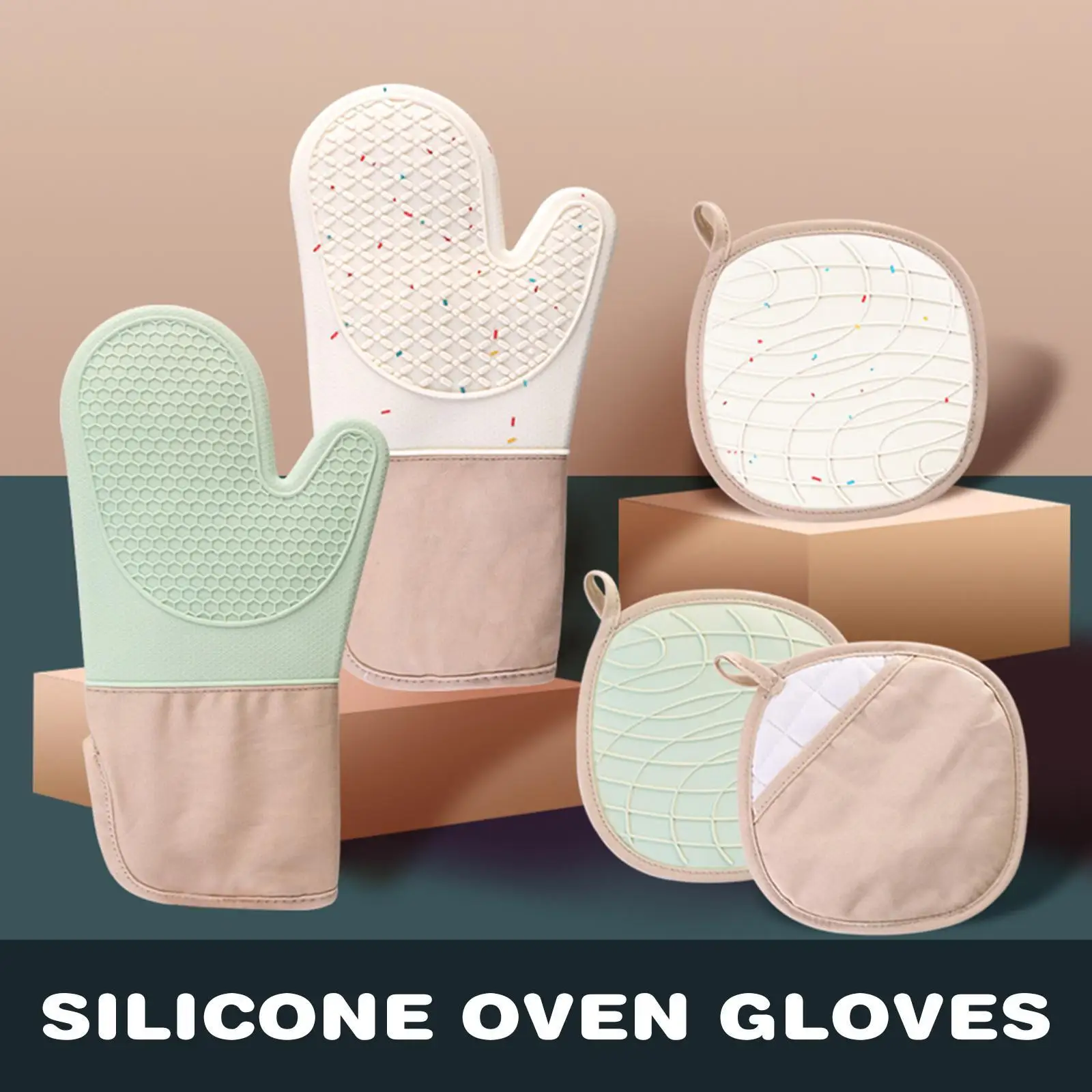 1PCS Kitchen Oven Gloves Silicone and Cotton DoubleLayer Heat Mitts