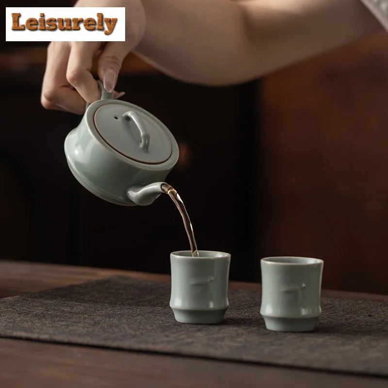 Ru Kiln Bamboo Knot Azure Tea Set Complete Set Luxury Tea Lid Set Tea Ceremony Set Teapot And Tea Cup Set Drinkware Craft Gift