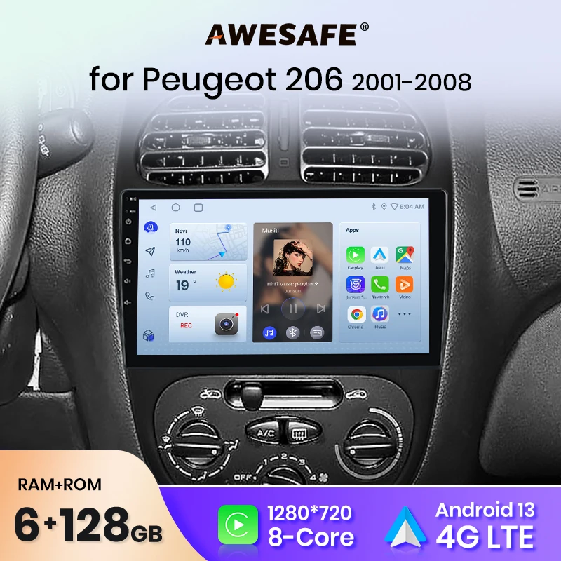 AWESAFE-Autoradio PX9 Plus pour KIT 206 206CC 206SW 2001-2008, Sans Fil, CarPlay, Android, Auto, No 2 Din DVD