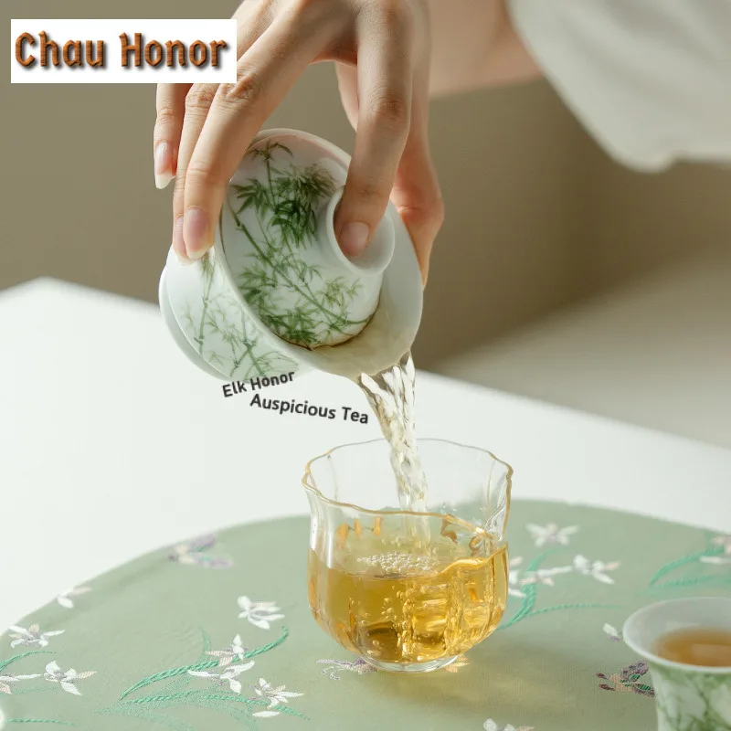 130ml Hand-painted Bamboo Trees Gaiwan Handmade Tea Tureen Tea Bowl With Lid Kit Tea Maker Cover Bowl Tea Ceremony Ornaments