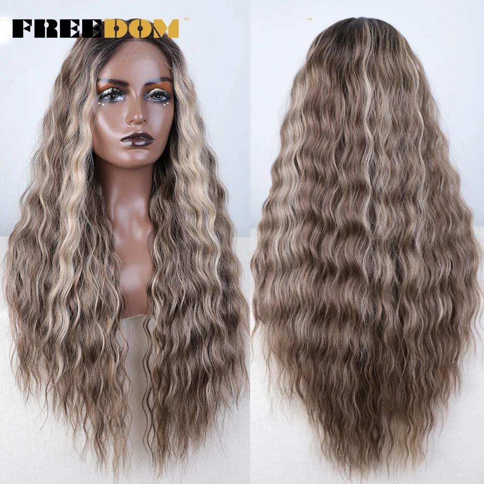 FREEDOM Curly Wavy Synthetic Lace Front Wig 30" Ombre Brown Blonde Lace Wigs For Women Highligt Daily Party Wig US Local Ship 6
