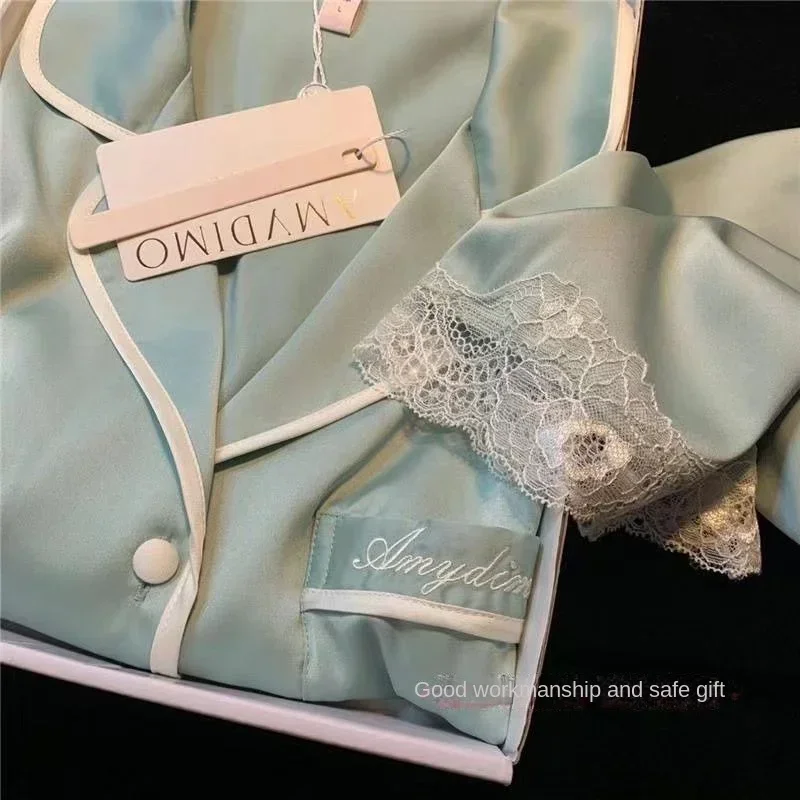 Tiffany Blue Ice Silk Pajamas Women's Spring and Autumn Long Sleeve New Artificial Silk High-Grade Silky Home Wear Two-Piece Set
