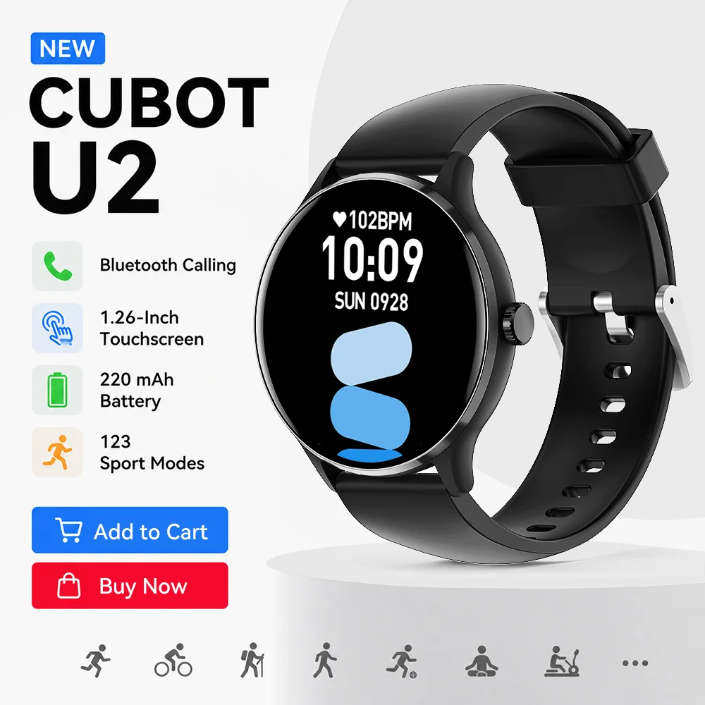 IP68 Waterproof Smartwatch CUBOT U2, Bluetooth Call, 1.26' HD Touchscreen, Heart Rate, Sport Smart Watches 2026 for Man for Woma