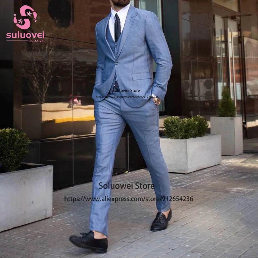 Fashion Blue Suits For Men Slim Fit 3 Piece Jacket Vest Pants Set Male Business Blazer Formal Groom Wedding Peaked Lapel Tuxedo