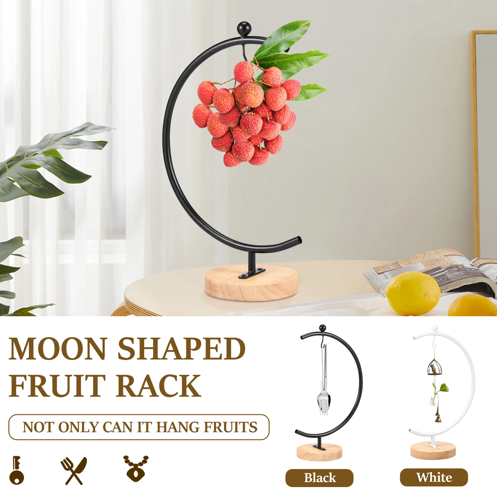 Banana Holder Stand Moon Shape Banana Hanger Rack Metal Fruit Hanger with Wood Base Stand Kitchen Countertop Accessories