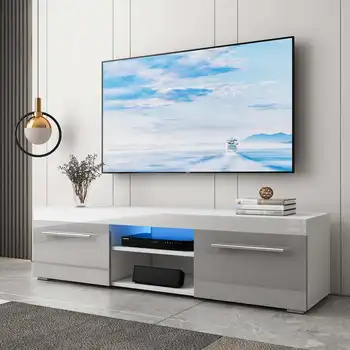 51'' High Gloss Modern TV Unit Bracket with LED Light TV Stands Living Room Furniture TV Cabinet with 2 Drawers Home Furnishings