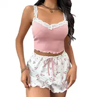 Women Pajama Set Lace Patchwork V-Neck Sleepwear Sexy Nighties Suit Camisole Top Printed Shorts Soft Pyjamas Loungewear - Image 2