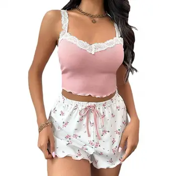 Women Pajama Set Lace Patchwork V-Neck Sleepwear Sexy Nighties Suit Camisole Top Printed Shorts Soft Pyjamas Loungewear 2