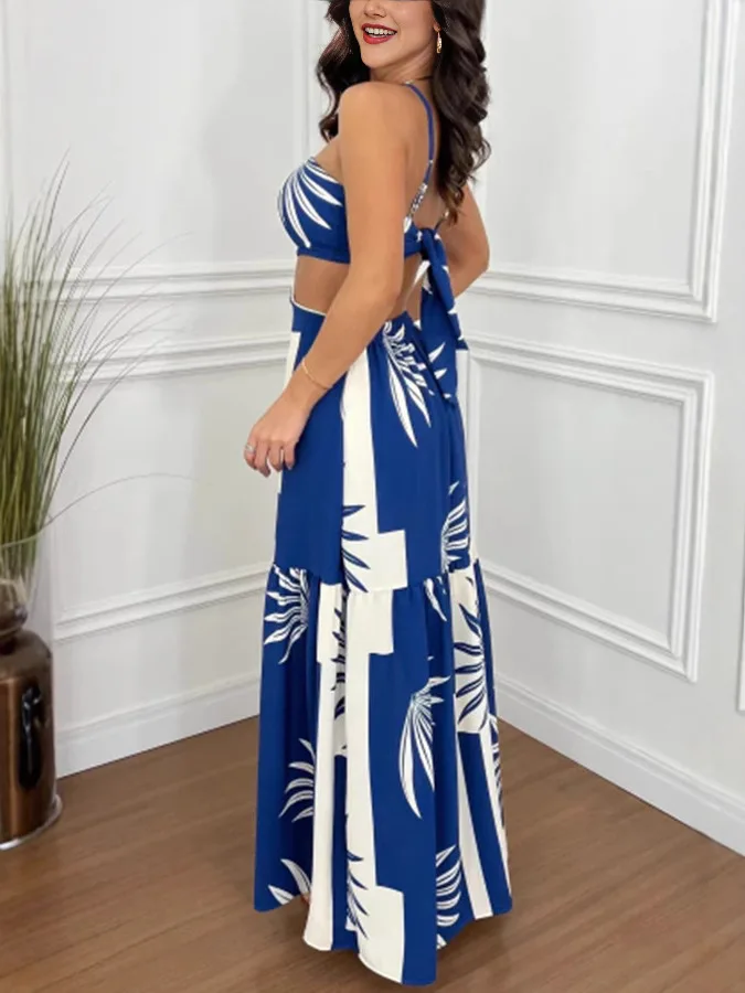 New Fashion Summer Casual Tropical Print Backless Maxi Dresses Sexy Hollow Halter Elegant Lady Vacation Female Long Sundress 5