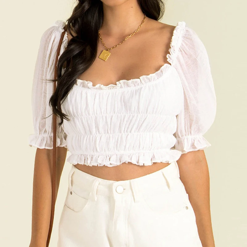 

Облегающая летняя футболка, Женский Топ с рюшами и коротким рукавом-фонариком, базовый белый укороченный топ, шифоновая одежда с квадратным вырезом, уличная одежда