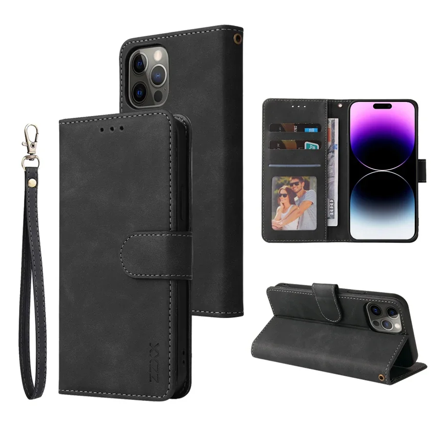 Magnetic Flip Leather Wallet Case with Card Slot, Lanyard, and Photo Frame