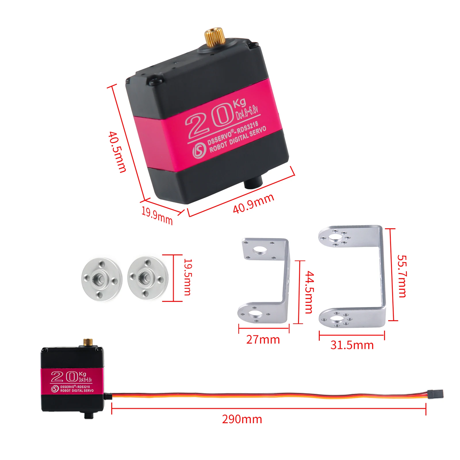 RDS3218 20KG Dual Shaft Digital Servo U Mouting Bracket 180/270 Degree High Torque Full Metal Gear Robotic Servo 4PCS