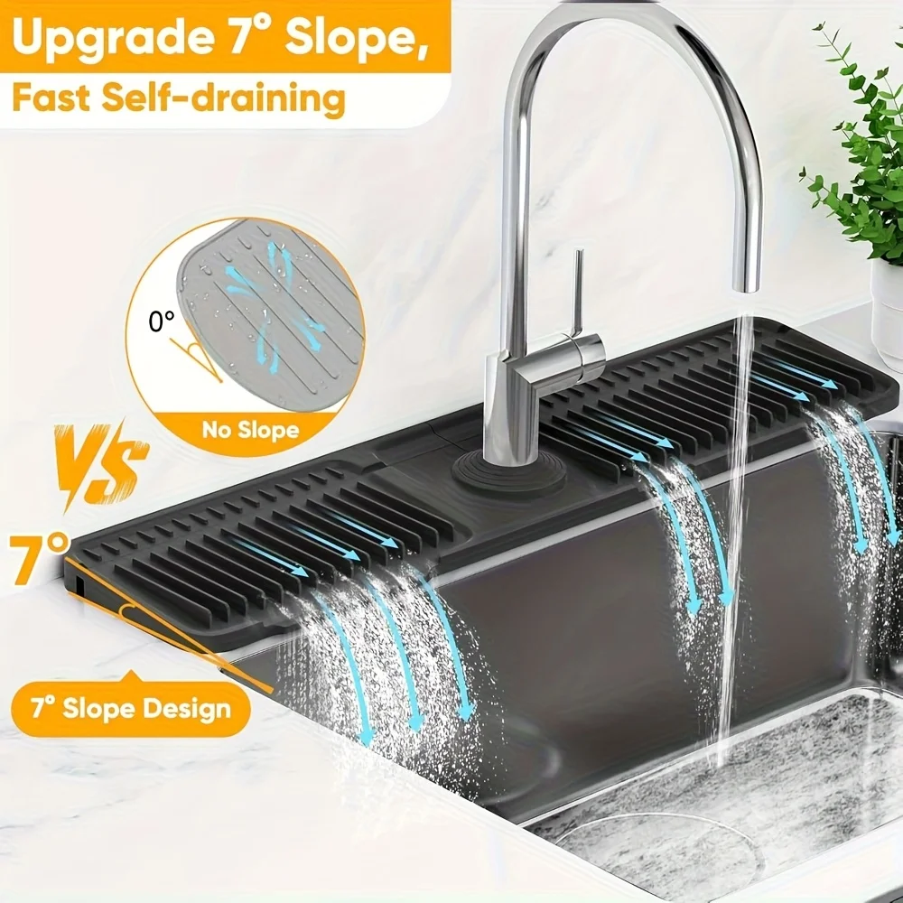 Kitchen Sink Splash Guard with 7° Slope Design,Quick Drain, Snap-On Fixation,Splash Catcher for Kitchen & Bathroom Countertops