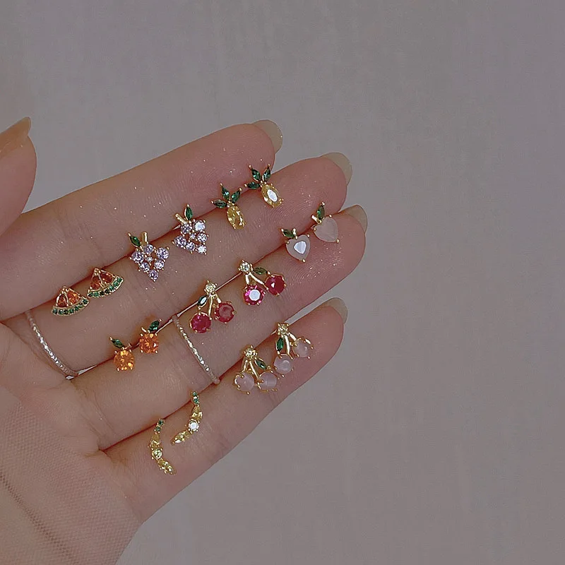 1 Paio Trendy Mix Color Fruit Shape Cherry Ear Studs Cuff Orecchini Cute Small Color Ananas Zircone Studs Ear Piercing Jewelry