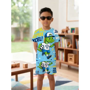2 Pcs Boy Clothes Baby Cute Sets Summer Adventure Cartoon Dinosaur Soccer Theme Happy Kids Outdoor Play Fun Active Playwear For 1