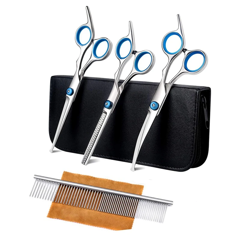 

Dog Grooming Scissors Kit With Safety Round Tip Thinning Cutting Shears With Pet Grooming Comb For Dog Cat Hair Care