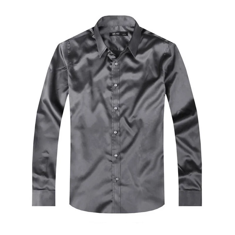 Shirt Men Silk Simulated High Grade Silk Satin Long Sleeve With Diamond Buttons Evening Party Date MQ527