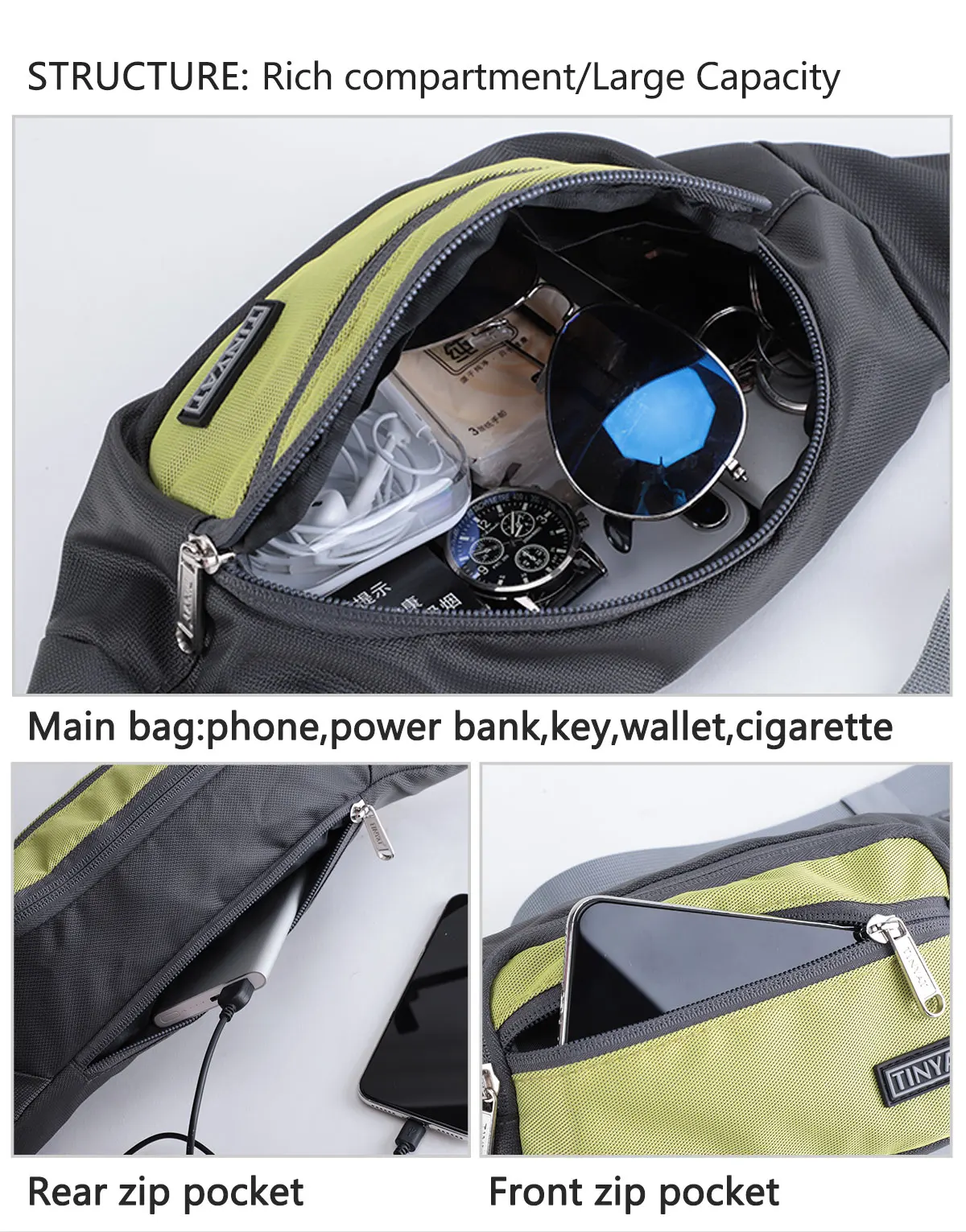 TINYAT Herren-Hüfttasche, Premium-wasserabweisende Hüfttasche, lässige Gürteltasche, Kopfhörerloch für Ausflüge, Reisen, Einkaufen – Detail 5
