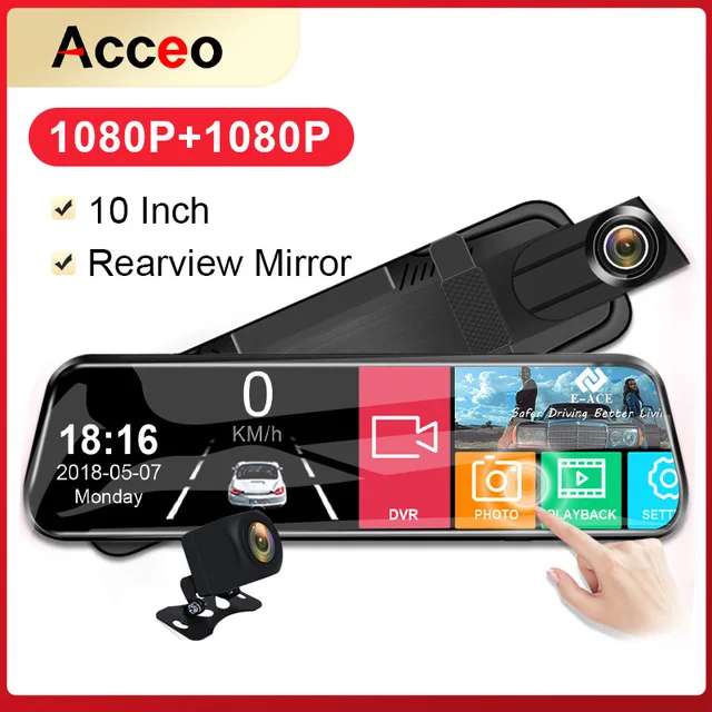 Acceo – rétroviseur tactile pour voiture, 10 pouces, 1080P, enregistreur vidéo, double objectif, caméra de recul 