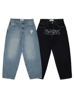 Protect Street Jeans Y2K Men's Pants Gothic Harajuku Hip-Hop Letter Embroidery Retro Blue Loose Jeans High Waist Wide Leg Pants 1