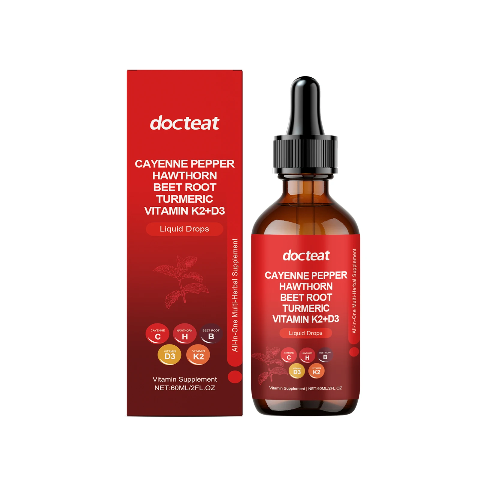 Cayenne Pepper Drops with Hawthorn Berry, Beetroot, Turmeric, and Vitamins D3 & K2 - All-in-One Liquid Supplement