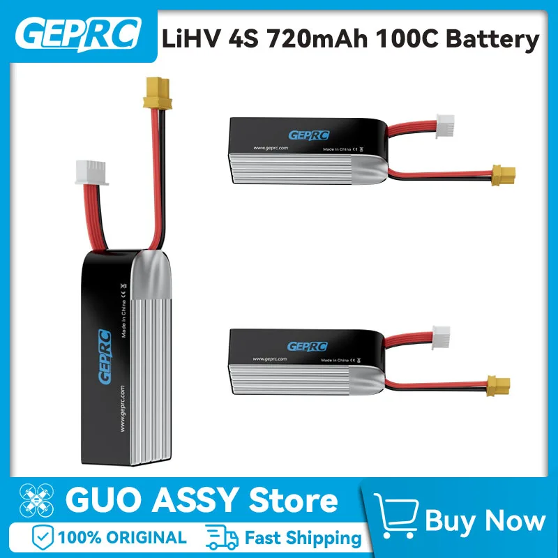 Batterie LiPo haute tension 4S 720mAh 100C pour drone FPV GEPRC posée à côté d'un drone, comparaison de taille.