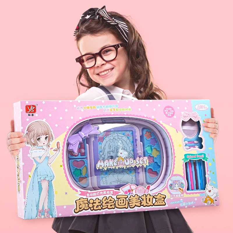 Girls Makeup Drawing Set Toys Multi-function LED Painting Colorful Make Up Cosmetics Suitcase Toy Drawing Board for Girls Gifts