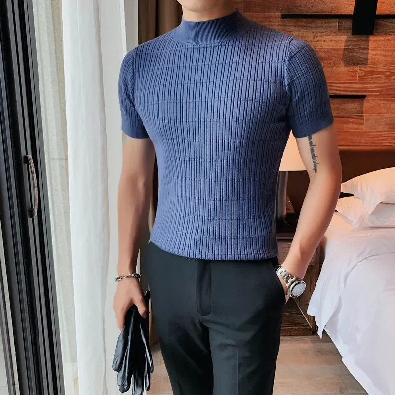 2023 Spring Autumn New Short Sleeve Sweater Men Slim Fit Short Sleeve Knitted T-shirt Half Turtleneck Casual Solid Pullovers