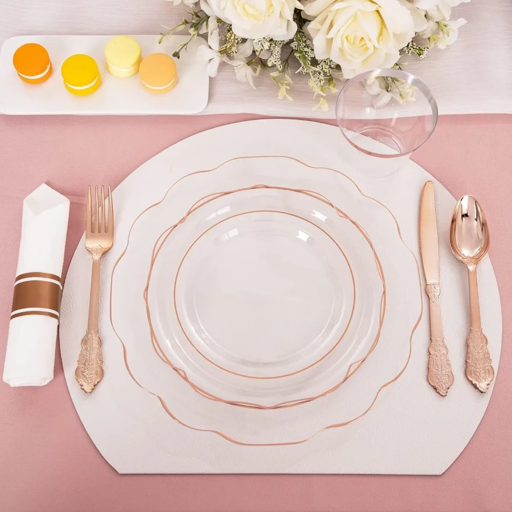 NOCCUR 350pcs Rose Gold Plates-Disposable Pre Rolled Napkin and Rose Gold Plastic Silverware-Clear Rim Plastic
