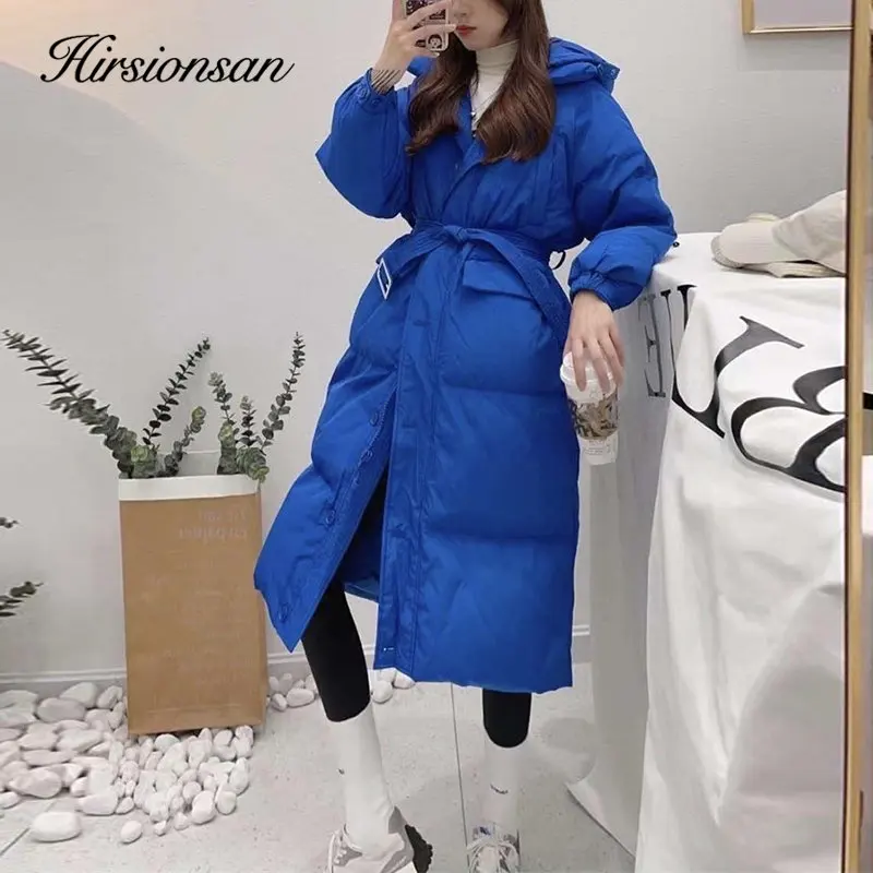

Hirsionsan Winter Ins Fashion Over Knee White Duck Down Jackets Women Lace Up Waisted Puffer Clothing Female Casual Warm Coats