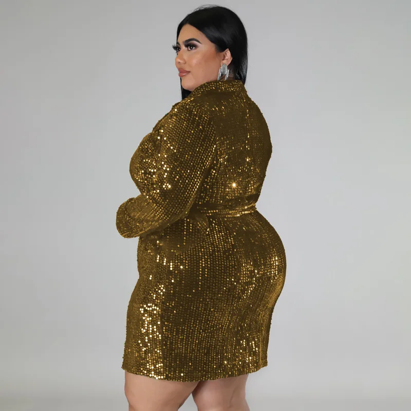 Plus Size Women Sequin Party Dress Long Sleeve Belt Elegant Dress 2022 Fall Casual Female Designer Skirt Fashion Luxury Outwear