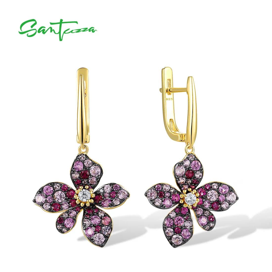 

SANTUZZA Authentic 925 Sterling Silver Earrings For Women Created Ruby Pink Sapphire White CZ Elegant Flower Gift Fine Jewelry