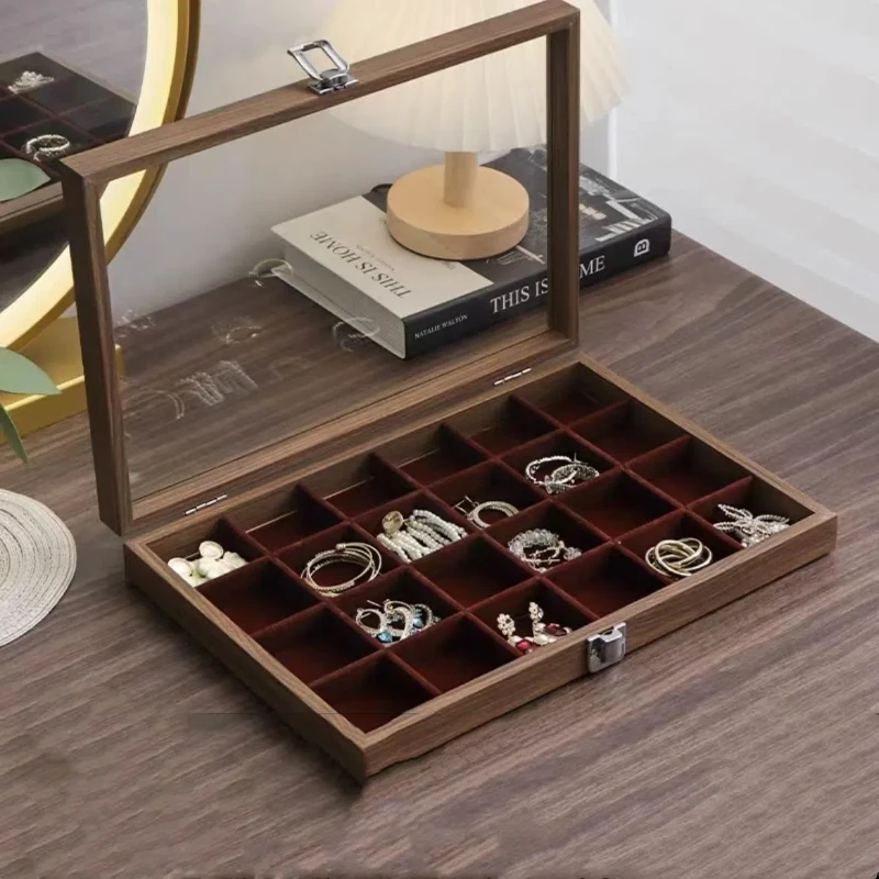 Net Red Black Walnut Patterned Wooden Glass Dustproof Bracelet Jewelry Storage Box Jewelry Viewing Storage Tray Display Tray