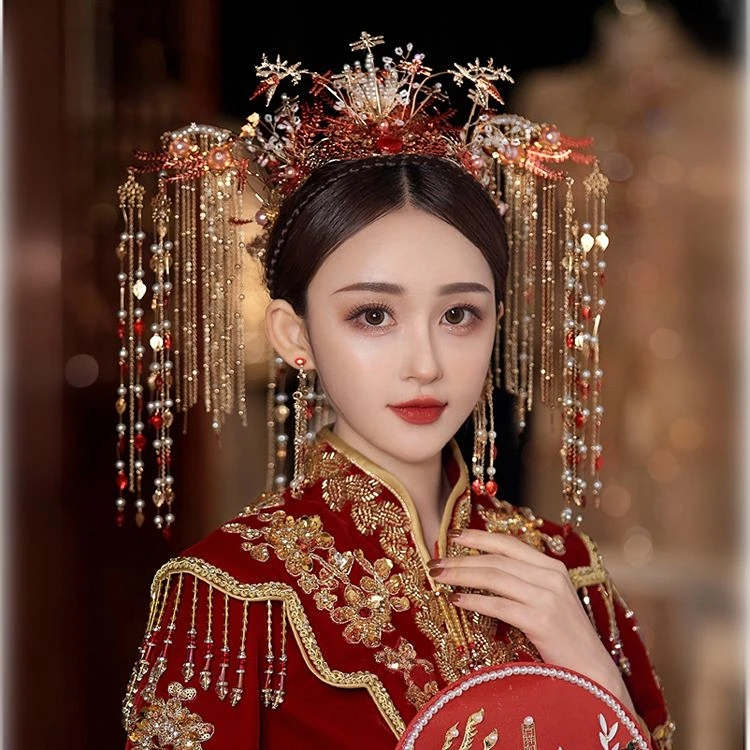 

Chinese Phoenix Crown Bridal Headdress Ancient Hairwear Gold Long Tassels XIuhe Bride Wedding Accessories Hair Jewelry