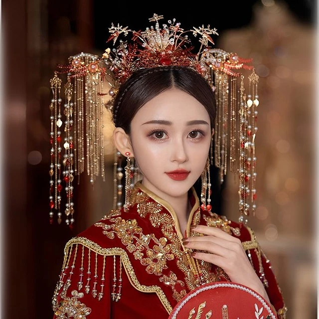 Chinese Phoenix Crown Bridal Headdress Ancient Hairwear Gold Long Tassels  XIuhe Bride Wedding Accessories Hair Jewelry - AliExpress