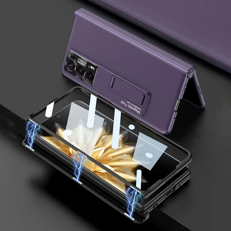 Original Case For Honor Magic V2 Magnetic Hinge Case Anti-knock Outer  Screen Glass Stand Matte Hard Cover For Honor Magic V2