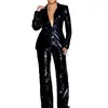 Women Suit Long Sleeve V-neck Polyester Sequined 2 Pieces Sets Top and Pant Ladies Temperament Commuting Slim Sequin Sets 2024 1