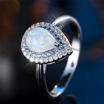 Trendy White Opal Crystal Drop Water Stone Vintage Silver Color Wedding Bands Engagement Rings For Wome Jewelry