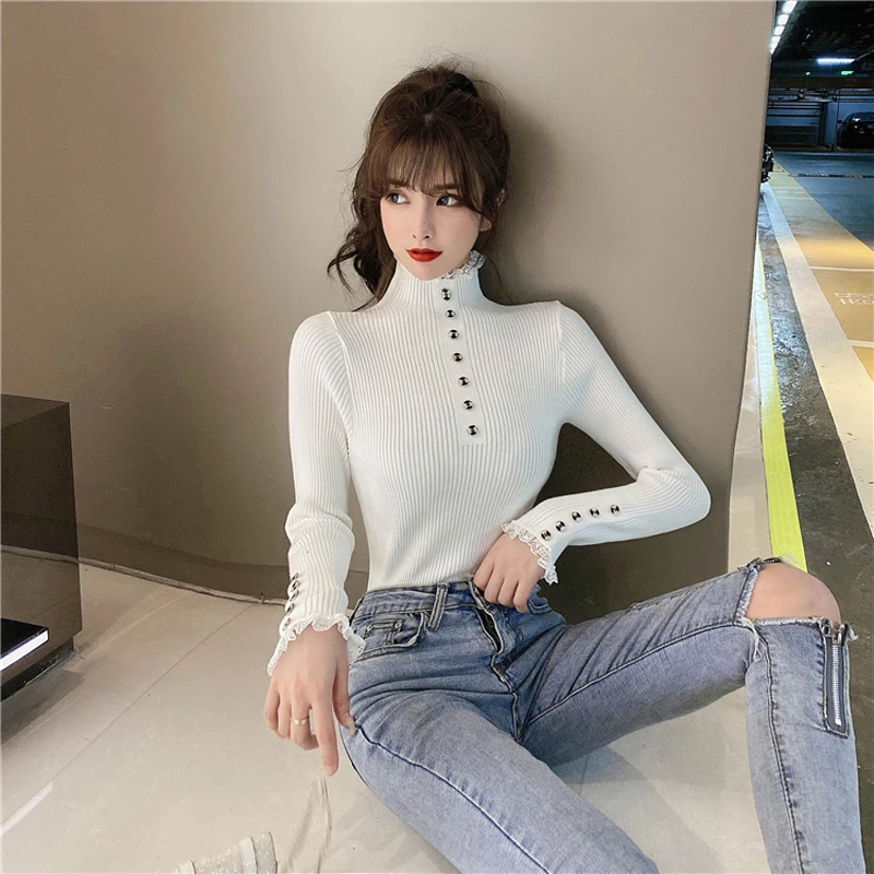 blue sweater JMPRS Fahsion Button Women Sweater Sexy Lace Patchwork White Pullover Knit Jumper Casual Autumn Elastic Female Basic Tops green cardigan