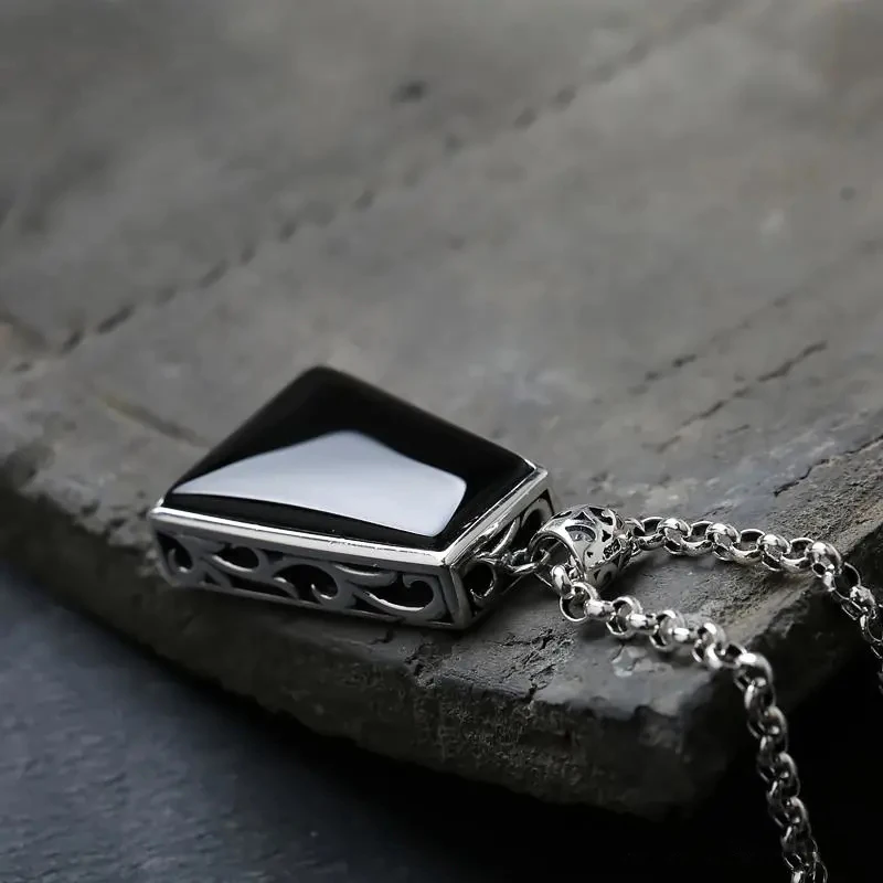 Original design geometric black agate pendant necklace retro domineering creative men and women charm brand silver jewelry pendant necklace silver necklace silver pendant silver necklace charms
