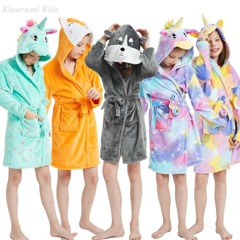 4 6 8 10 12 Y Baby Girls Robe for Kids Pajamas Girl Nightgown Unicorn Bath Robes Winter Warm Purple Rainbow Hooded Sleepwear Pjs child bathrobe kids robe