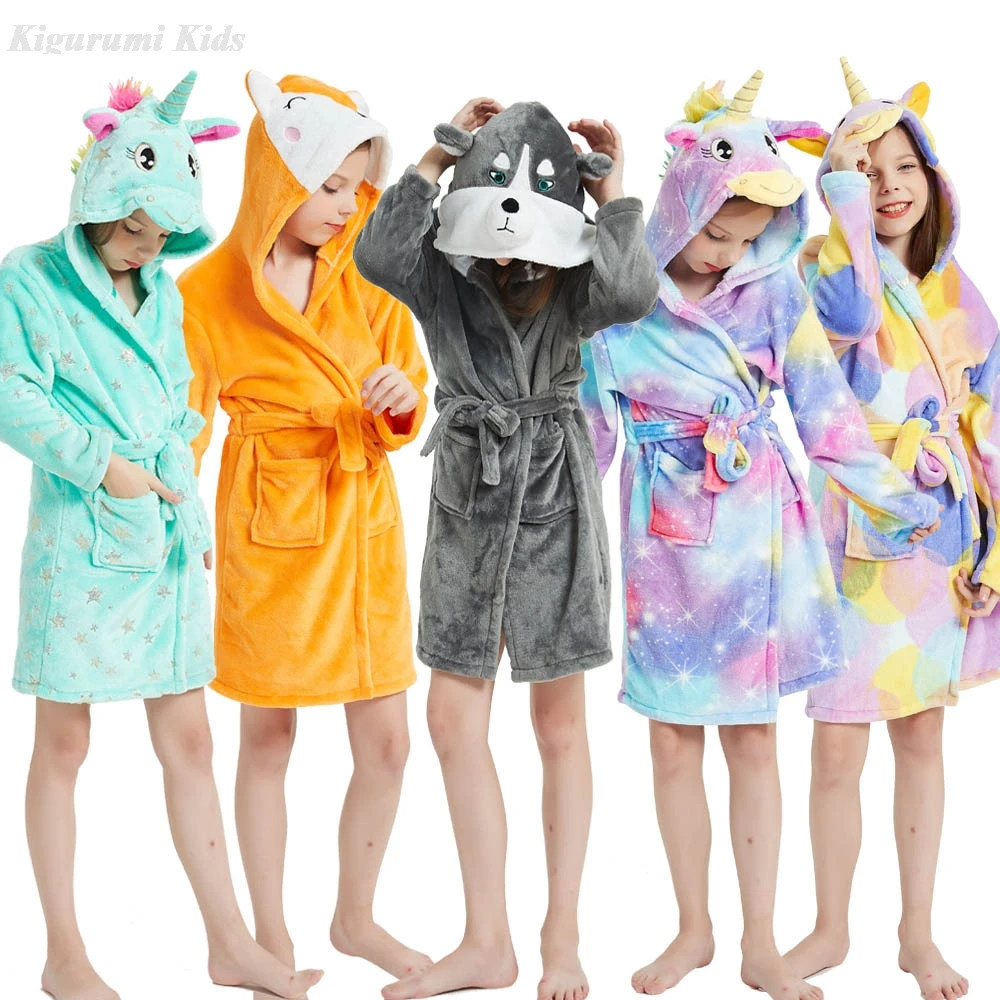 4 6 8 10 12 Y Baby Girls Robe for Kids Pajamas Unicorn Bath Robes Winter Warm Purple Rainbow Hooded Sleepwear Birthday Party Pjs