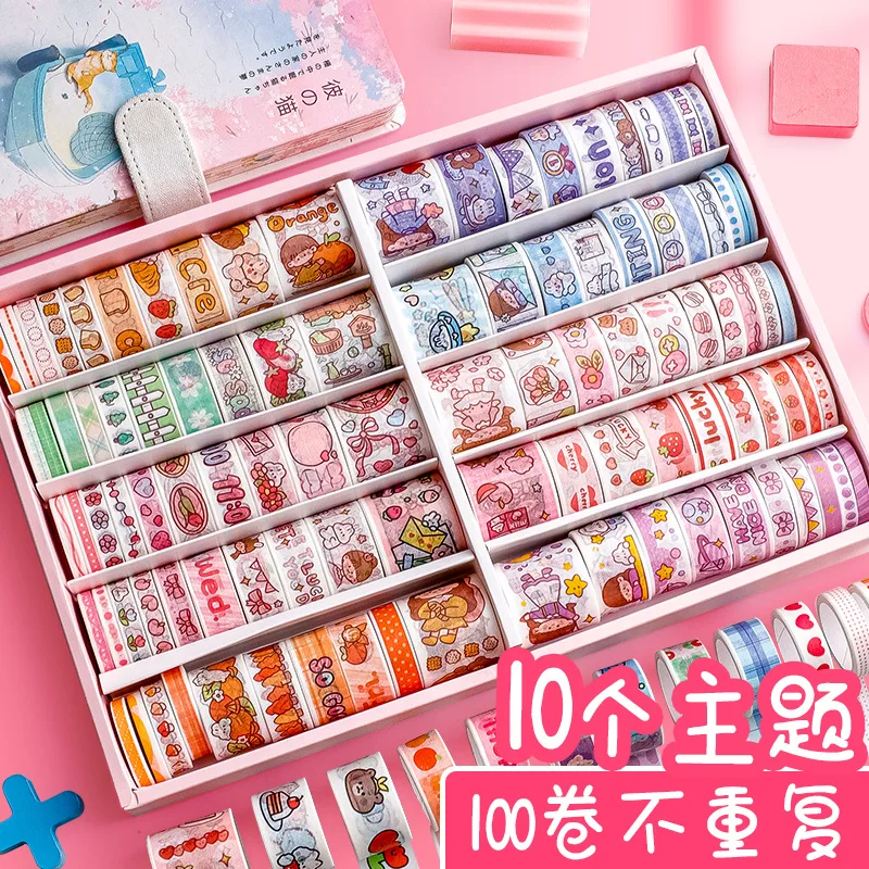 100 Roll/Box of Washi Tape Vintage Colorful Flower Masking Tape Set Scrapbook Bullet Diary Stickers Adhesive for Girls Children